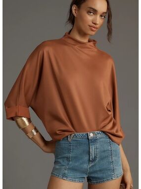Anthropologie Whitley Mock-Neck Three-Quarter Top in Rust Brown XL